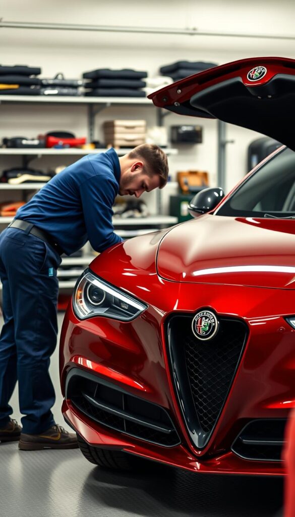 A meticulously detailed image of an Alfa Romeo Stelvio Quadrifoglio undergoing routine maintenance in a clean, well-lit auto shop. The car is centered in the frame, its sleek, muscular body gleaming under the soft, diffused lighting. In the foreground, a technician in a crisp, blue uniform leans over the open engine bay, examining components with focused attention. The background features shelves stocked with neatly organized tools and automotive parts, conveying a sense of professionalism and attention to detail. The overall mood is one of quiet efficiency, with a slight sense of reverence for the Italian sports utility vehicle.