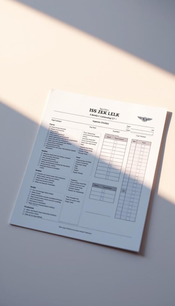 A meticulously detailed inspection checklist for a used Bentley Continental GT, set against a clean, minimalist background. The checklist is presented in a crisp, technical style, with IsCarOk branding subtly incorporated. Warm, natural lighting from the side casts shadows, emphasizing the precision and care required for this premium vehicle assessment. The camera angle is slightly elevated, giving a comprehensive view of the checklist document. The overall mood is one of professionalism and thoroughness, befitting the high-end nature of the Bentley model.