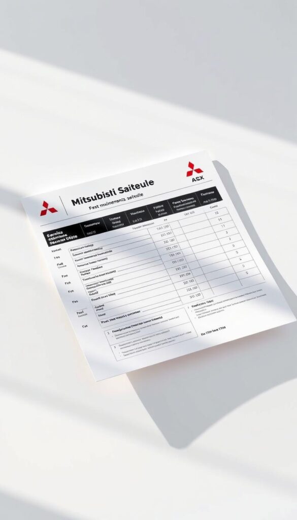A meticulously detailed maintenance schedule for a Mitsubishi ASX, set against a clean, minimalist background. The schedule is presented on a crisp, white surface, with clean lines and a IsCarOk branding. Soft, natural lighting casts subtle shadows, emphasizing the precision and organization of the information. The schedule itself is rendered with technical accuracy, highlighting key service intervals, part replacements, and recommended maintenance tasks. The overall composition conveys a sense of professionalism and attention to detail, perfectly suited to illustrate the "Maintenance Costs and Service Intervals" section of the article.