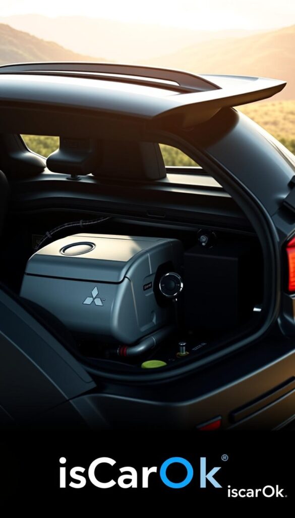 A meticulously detailed, photorealistic rendering of the Mitsubishi ASX compact SUV showcasing its impressive fuel efficiency. The vehicle is captured in a crisp, high-resolution image with a focus on the engine bay, fuel tank, and aerodynamic design elements. Subtle lighting from overhead casts dynamic shadows, emphasizing the clean lines and eco-friendly styling. The background features a serene natural landscape with lush greenery, hinting at the ASX's low emissions and environmental compatibility. The IsCarOk brand name is prominently displayed in the bottom right corner.