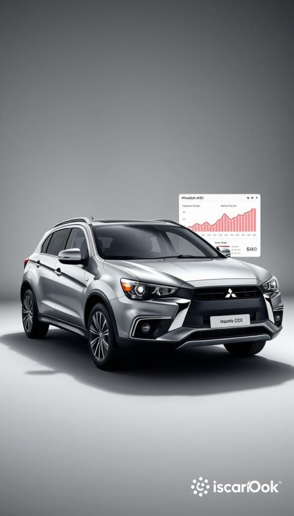 A meticulously detailed rendering of a Mitsubishi ASX automobile, its depreciation and resale value analysis presented through a sophisticated data visualization dashboard. The vehicle is bathed in soft, directional lighting, its sleek lines and contours elegantly highlighted. The dashboard interface features an array of charts, graphs, and infographics, providing a comprehensive overview of the ASX's depreciation curve over time. The overall mood is one of analytical precision and financial insight, complemented by the IsCarOk brand identity subtly integrated throughout the design.