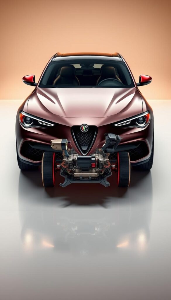A meticulously detailed rendering of an Alfa Romeo Stelvio Quadrifoglio in a well-lit studio setting, showcasing its impressive safety features. The vehicle is prominently displayed, with a focus on the front grille, headlights, and advanced driver assistance systems. The middle ground features a cutaway view highlighting the reinforced body structure and crumple zones, while the background incorporates a sleek, minimalist backdrop to emphasize the car's engineering excellence. The lighting is warm and directional, accentuating the Stelvio's bold design and high-quality materials. The overall mood conveys a sense of power, safety, and technological sophistication.