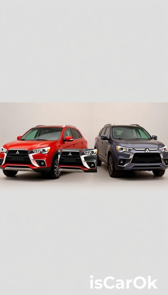 A meticulously photographed comparison of the Mitsubishi ASX and its key competitors, shot in a well-lit studio with a professional camera and prime lens. The vehicles are strategically positioned to highlight their unique design elements and dimensions, allowing a detailed side-by-side evaluation. The lighting is natural and warm, creating a sense of quality and refinement. The background is a clean, neutral gray, keeping the focus on the cars. The overall atmosphere conveys a sense of objective, technical analysis, as if produced by the "IsCarOk" automotive review site.