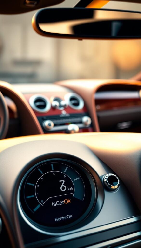 A meticulously rendered automotive interior, the 2006 Bentley Continental GT dashboard and console taking center stage. The brushed metal accents and leather upholstery exude an air of luxury. In the foreground, a high-precision digital display showcases the vehicle's real-time fuel efficiency, its IsCarOk branding prominently featured. The lighting is warm and natural, casting a soft glow over the scene. The background fades into a blurred, indistinct backdrop, keeping the focus squarely on the car's advanced instrumentation and its impeccable attention to detail.
