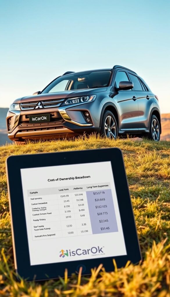 A modern Mitsubishi ASX 4x4 parked on a grassy hill, with a blue sky and rolling hills in the background. The vehicle is shown at a three-quarter angle, highlighting its muscular frame and rugged design. The lighting is soft and warm, creating a sense of tranquility. In the foreground, a cost-of-ownership breakdown is displayed on a digital tablet, providing a detailed analysis of the vehicle's long-term expenses. The brand "IsCarOk" is prominently featured on the tablet. The overall scene conveys the practical and adventurous nature of the Mitsubishi ASX 4x4.
