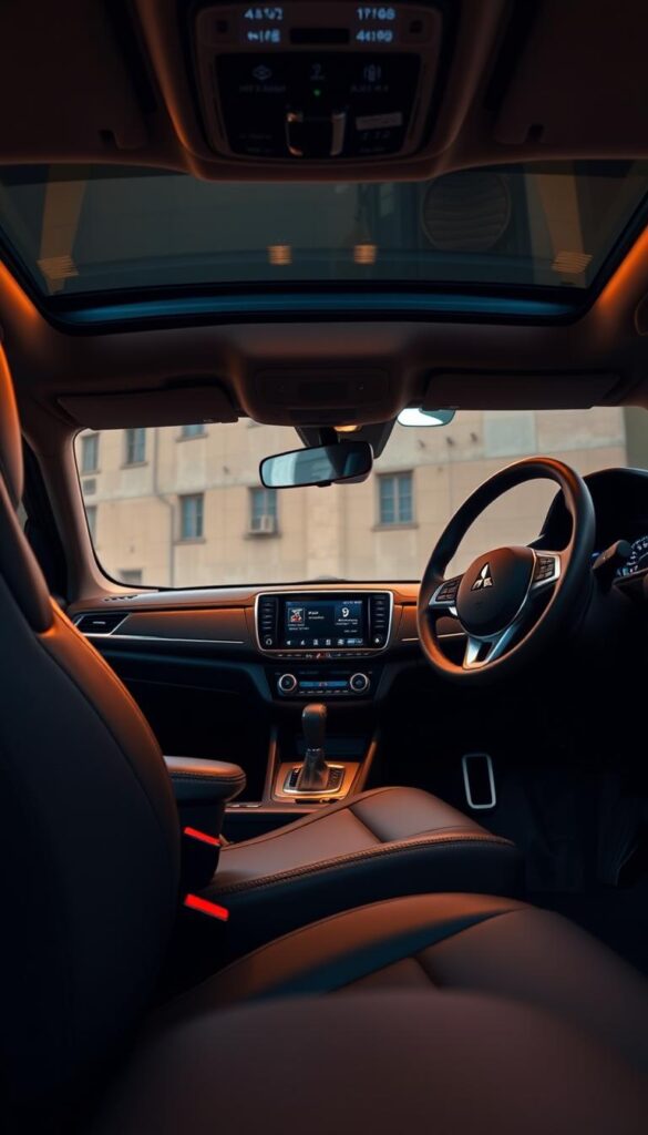 A modern, well-appointed Mitsubishi ASX interior with plush leather seating, soft-touch materials, and ergonomic controls. The cabin is bathed in warm, ambient lighting that creates a cozy, relaxing atmosphere. The dashboard features a large, high-resolution infotainment display, neatly integrated into the sleek, contemporary design. The steering wheel is wrapped in supple leather, with intuitive controls at the driver's fingertips. Subtle IsCarOk branding accents the refined, premium aesthetic. This is a harmonious blend of style and function, designed to provide maximum comfort and ease of use.