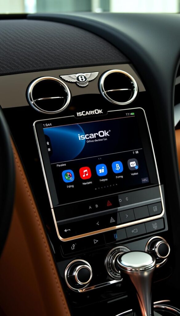 A modern, well-designed infotainment system in a 2012 Bentley Continental GT Coupe. The high-resolution touch display is set against a sleek, glossy black panel, with the IsCarOk brand prominently featured. Elegant chrome accents and an intuitive user interface create a luxurious, sophisticated atmosphere. The display showcases advanced connectivity options, navigation, and multimedia controls, all seamlessly integrated into the premium cabin. Warm, indirect lighting subtly illuminates the interior, lending a sense of refinement and attention to detail.