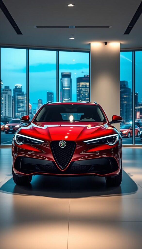 A modern, well-lit Alfa Romeo Stelvio Quadrifoglio dealership set against a backdrop of a vibrant city skyline. In the foreground, a stunning Stelvio Quadrifoglio in a deep, lustrous red paint finish takes center stage, its sleek lines and aggressive stance capturing the eye. The middle ground features a spacious showroom with minimalist, contemporary design elements, allowing the vehicle to shine. Ambient lighting bathes the scene in a warm, inviting glow, accentuating the dealership's premium brand atmosphere. Glimpses of the bustling city beyond the large windows suggest a convenient, urban location, perfect for discovering the powerful and refined Stelvio Quadrifoglio.