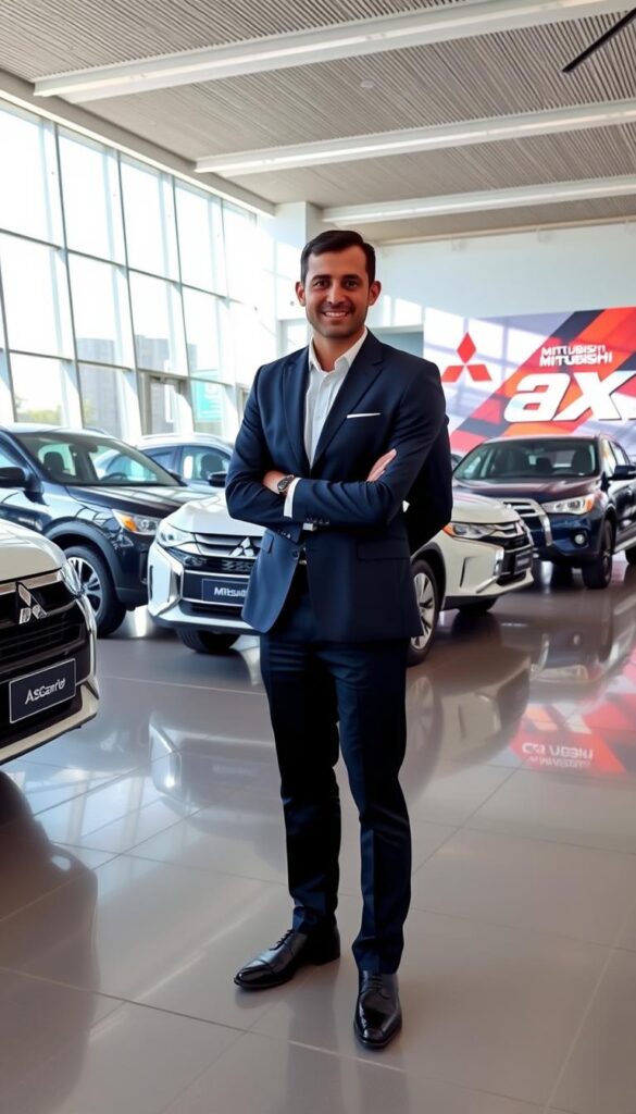A modern, well-lit Mitsubishi ASX dealership showroom, with sleek, angular lines and large display windows showcasing the latest ASX models. In the foreground, an IsCarOk salesperson in a crisp, professional outfit stands ready to assist customers, their friendly demeanor and attentive posture inviting visitors to explore the vehicles. The middle ground features a selection of Mitsubishi ASX SUVs in various trim levels and colors, their gleaming exteriors reflecting the bright, natural lighting flooding the space. In the background, a vibrant, branded wall display highlights the Mitsubishi ASX's key features and capabilities, creating an informative and engaging atmosphere for potential buyers.