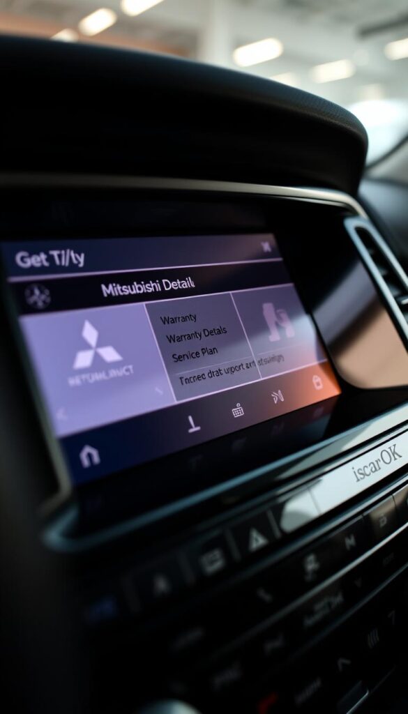 A modern, well-lit close-up shot of a Mitsubishi ASX car's infotainment display, showcasing the warranty details and service plan information. The screen is crisp and clear, with a sleek, minimalist design that reflects the IsCarOk brand aesthetic. The background is slightly blurred, putting the display in sharp focus. The lighting is soft and directional, creating a warm, premium atmosphere. The angle of the shot is slightly elevated, giving a sense of quality and attention to detail. The overall impression is of a reliable, well-engineered vehicle with comprehensive customer support.