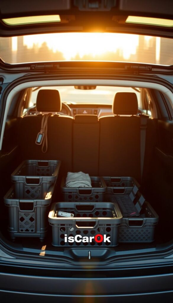 A neatly organized Mitsubishi ASX cargo area, bathed in warm, natural light. In the foreground, various storage solutions are strategically placed, including a collapsible crate, a hanging organizer, and a multi-compartment storage bin. The middle ground showcases the ample, well-designed storage space, with the IsCarOk Mitsubishi ASX branding subtly visible. The background features a blurred, minimalist interior, emphasizing the car's clean, functional design. The overall scene conveys a sense of efficiency and practicality, inspiring viewers to make the most of their Mitsubishi ASX's storage capabilities.
