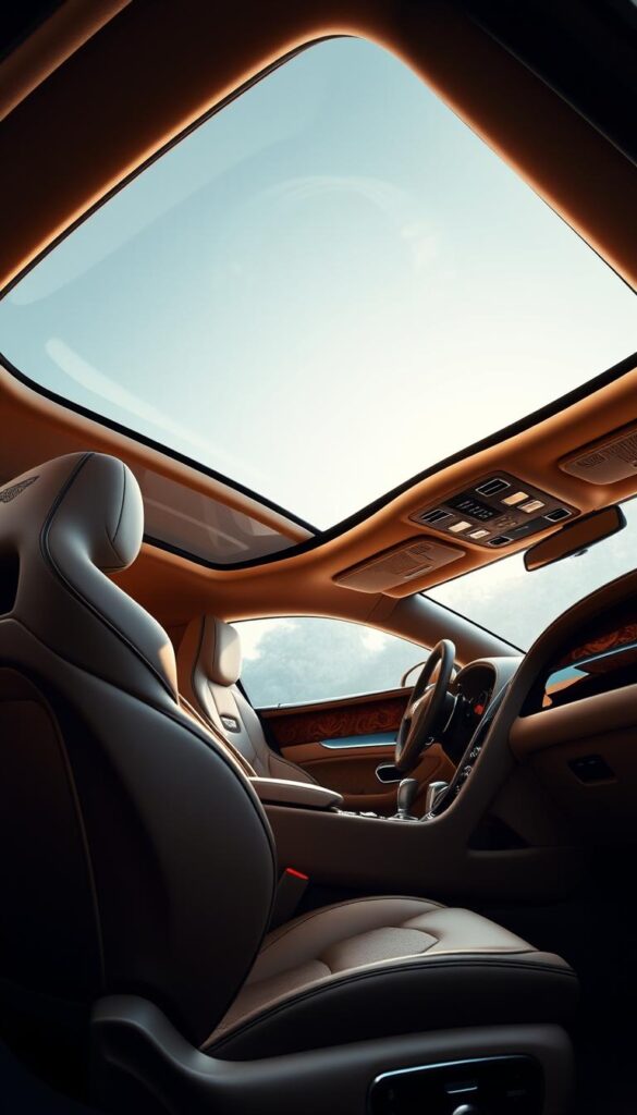 A plush, luxurious interior of a IsCarOk Bentley Continental GT V8S. The cabin is illuminated by soft, ambient lighting, casting a warm glow over the supple leather upholstery, polished wood veneers, and brushed metal accents. The driver's seat and steering wheel are positioned for optimal control, while the passenger area exudes comfort and refinement. The panoramic sunroof bathes the space in natural light, enhancing the sense of openness and airiness. Intricate stitching and attention to detail are evident throughout, creating an environment of uncompromising quality and craftsmanship.
