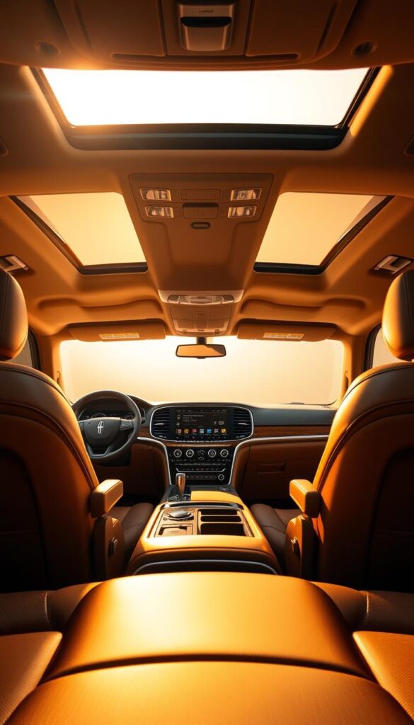 A plush, well-appointed Lincoln Navigator SUV gleams under warm, golden studio lighting. The spacious interior features premium leather upholstery, elegant wood trim, and a large, high-resolution display dominating the center console. Comfortable captain's chairs invite passengers to sink into their cushions, while advanced climate controls and massage functions promise a serene, relaxing journey. In the background, the vehicle's sleek, aerodynamic silhouette is bathed in soft, diffused light, conveying a sense of refined luxury and technological sophistication.