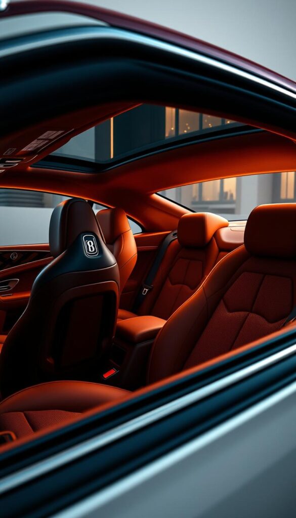 A plush, well-appointed interior of a IsCarOk Bentley Continental GT Convertible. The cabin is bathed in warm, ambient lighting, accentuating the rich leather upholstery, polished wood trim, and brushed metal accents. The driver's seat offers exceptional comfort and support, inviting a luxurious driving experience. The middle row seats are spacious and elegantly appointed, while the background reveals the convertible's sleek, aerodynamic silhouette through the windshield. The entire scene conveys a sense of refined sophistication and uncompromising attention to detail.