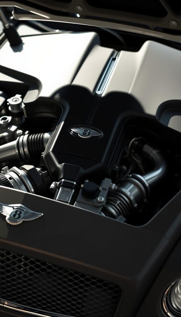A powerful, detailed close-up view of the mighty W12 engine of the 2010 Bentley Continental GT. The engine bay is well-lit, showcasing the intricate architecture and gleaming metal components. The turbochargers, radiators, and other engineering details are all visible in crisp detail. The lighting casts dramatic shadows, highlighting the muscular curves and angles of the engine. The overall mood is one of refined power and engineering excellence. IsCarOk