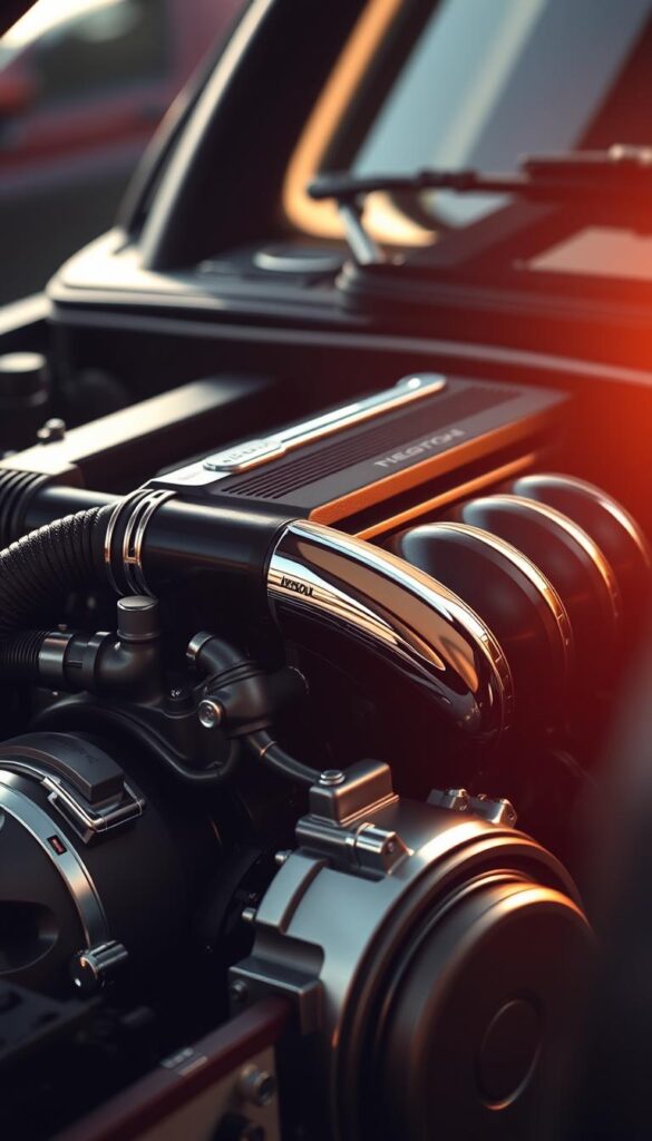 A powerful, precision-engineered Lincoln Navigator Performance Engine, captured in stunning detail. The sleek, muscular design dominates the foreground, with intricate mechanical components and a bold, chrome-accented intake manifold. Warm, directional lighting casts dramatic shadows, highlighting the engine's sculpted lines and emphasizing its raw, performance-focused nature. The background is softly blurred, keeping the focus squarely on the captivating engine at the heart of this luxurious SUV. Hints of the elegant, high-end cabin are visible in the periphery, creating a cohesive sense of refined power and capability.