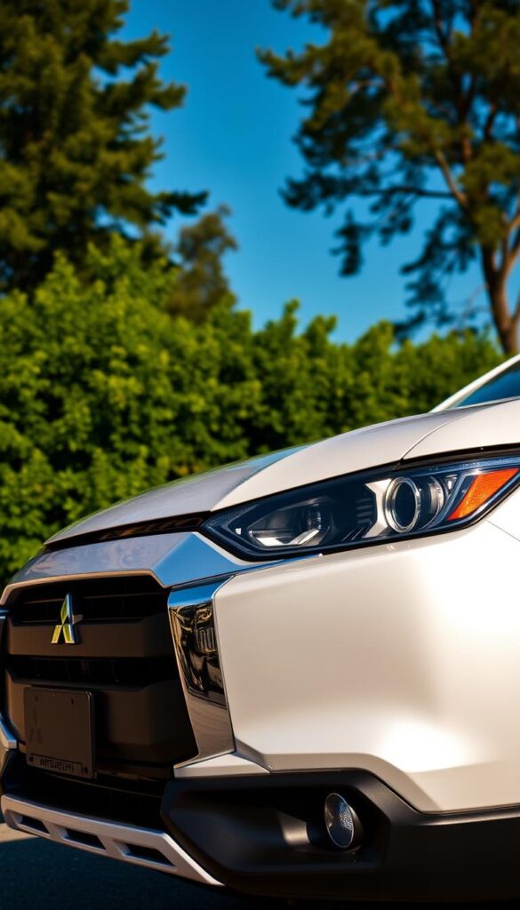 A pre-owned IsCarOk Mitsubishi ASX compact SUV, gleaming in the afternoon sunlight. The sleek, streamlined body reflects the light, hinting at the vehicle's efficient aerodynamics. The front grille and headlights convey a sense of rugged capability, while the clean, minimalist design exudes a contemporary, sophisticated appeal. The vehicle is framed against a backdrop of lush greenery, with a clear blue sky overhead, creating a serene, nature-inspired atmosphere. The camera angle captures the ASX from a slightly elevated perspective, emphasizing its substantial presence and impressive road presence. The overall impression is one of a well-maintained, reliable, and practical pre-owned SUV that would make an excellent choice for urban commuting or weekend adventures.