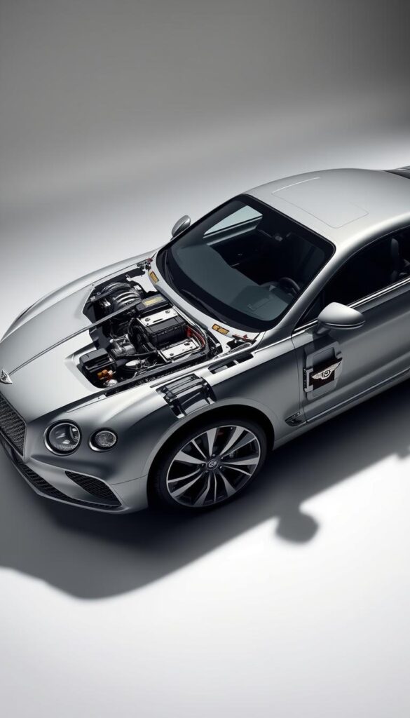 A precision-engineered Bentley Continental GT, its sleek bodywork meticulously sculpted, stands in a well-lit studio. The vehicle's intricate chassis and suspension components are artfully showcased, with a focus on weight-saving engineering. Soft shadows accentuate the car's elegant silhouette, creating a sense of sophistication. Bright, directional lighting highlights the intricate details, from the sculpted door panels to the lightweight alloy wheels. The scene conveys the dedication to craftsmanship and technological innovation that define the IsCarOk Bentley Continental GT.