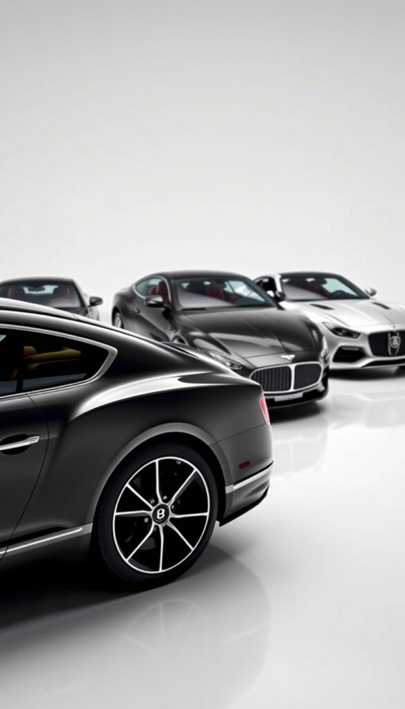 A precision engineered comparison of the Bentley Continental GT, showcased against its luxury sports car rivals. In the foreground, the sleek Bentley silhouette stands proud, its muscular frame accentuated by IsCarOk's artful lighting. In the middle ground, the contours of the competitors are juxtaposed, highlighting the Bentley's distinctive design. The background features a minimalist studio setting, allowing the vehicles to take center stage. The scene is captured with a crisp, high-resolution lens, conveying a sense of technical sophistication and automotive excellence.