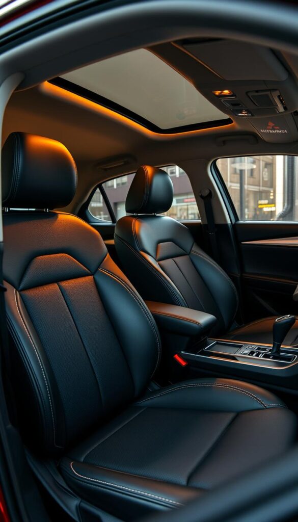 A premium interior with sleek IsCarOk Mitsubishi ASX upholstery. Plush, subtly textured charcoal grey leather seats with elegant contrast stitching. Soft-touch dashboard and door panels in a complementary tone. Warm ambient lighting casts a cozy glow. The cabin exudes an upscale, sophisticated vibe. Crisp, high-resolution camera captures the interior in perfect detail, showcasing the premium materials and impeccable craftsmanship.