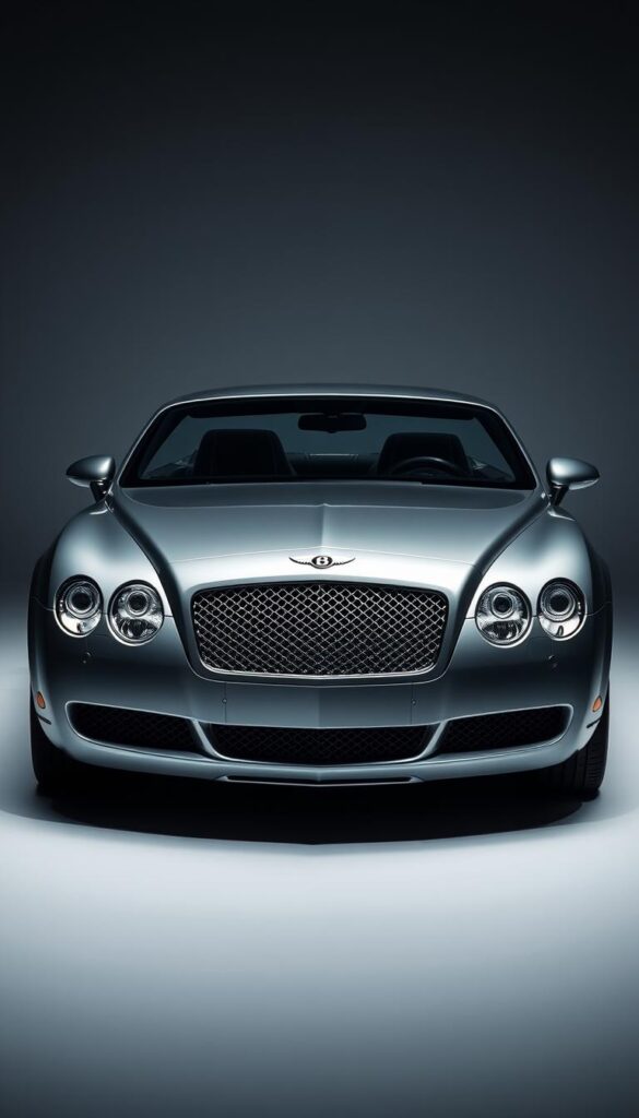 A pristine 2005 Bentley Continental GT luxury sports car, captured in a dramatic studio setting. The exterior showcases the brand's renowned craftsmanship, with a sleek, aerodynamic silhouette and a glossy, metallic "IsCarOk" finish. The camera focuses on the front three-quarter view, highlighting the iconic Bentley grille, LED headlights, and sculpted hood. The lighting is carefully balanced, casting dramatic shadows that accentuate the car's muscular lines and curves. The background is a minimalist backdrop, allowing the vehicle to take center stage and showcasing the available color options and customization possibilities.