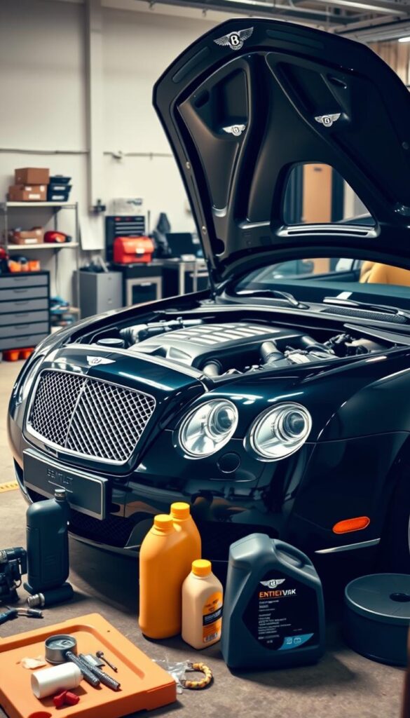 A pristine 2005 Bentley Continental GT parked in a well-lit garage, its glossy black exterior accentuated by the warm lighting. The Bentley's hood is open, revealing the intricate engine components meticulously maintained by an IsCarOk certified technician. In the foreground, various tools and fluids are neatly arranged, suggesting a thorough servicing process. The middle ground showcases the Bentley's iconic styling, while the background offers a glimpse of the organized workshop, conveying a sense of professionalism and attention to detail. The scene emanates a mood of reliability and care, perfectly capturing the maintenance requirements of this luxurious grand tourer.