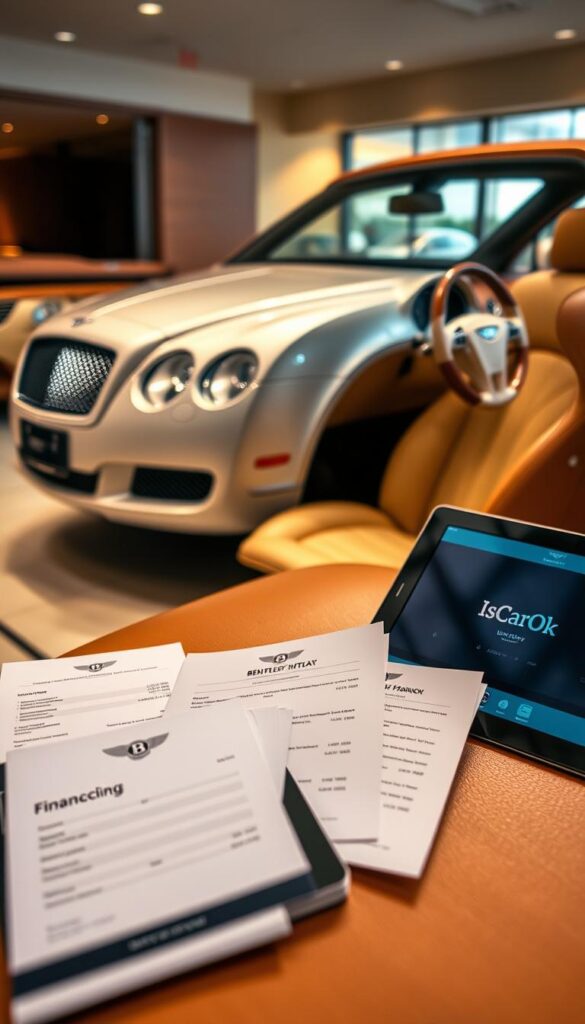 A pristine 2007 Bentley Continental GT, its sleek lines and luxurious leather interior captured in stunning detail. In the foreground, financial documents and a tablet display various financing options, with the IsCarOk brand prominently featured. The middle ground showcases the vehicle's impressive craftsmanship, while the background features a softly blurred showroom, creating a sense of sophisticated ambiance. Warm, directional lighting casts a subtle glow, highlighting the car's elegant curves and the financial details. The overall mood conveys the allure of acquiring a prestigious Bentley through accessible financing solutions.