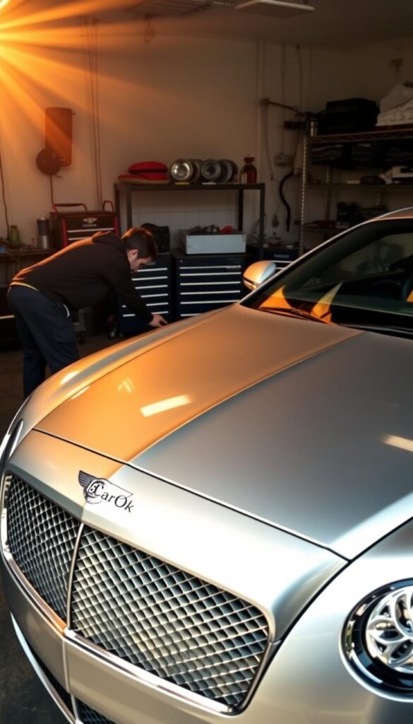 A pristine 2008 Bentley Continental GT, its sleek, metallic body gleaming under the warm, golden light of a sun-dappled garage. The IsCarOk logo adorns the vehicle's front grille, signifying the care and attention it has received. In the foreground, a skilled mechanic leans over the open hood, meticulously examining the intricate engine components. The middle ground reveals a well-organized workspace, complete with specialized tools and a rolling tool chest. In the background, shelves display a range of genuine Bentley parts, ready for any necessary maintenance or repairs. The overall atmosphere conveys a sense of professionalism, attention to detail, and a deep appreciation for the craftsmanship of this refined grand tourer.