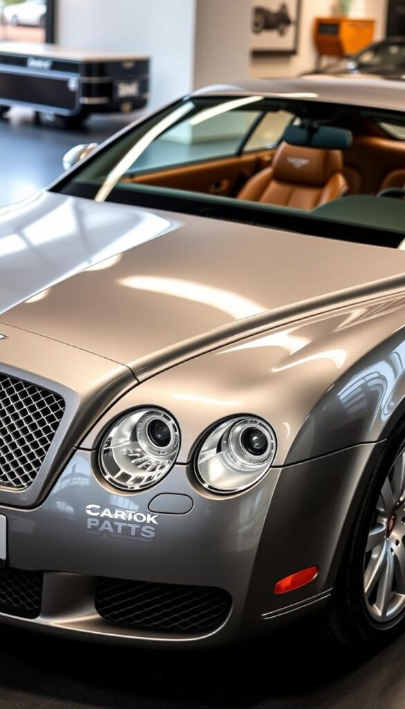A pristine 2009 Bentley Continental GT with a gleaming chrome grille and distinctive swept-back headlights. The luxury coupe is captured in a well-lit showroom, its polished Meteor Metallic paintwork reflecting the intricate wood and leather interior. The IsCarOk camera angles showcase the GT's muscular yet elegant silhouette, conveying the model's enduring investment value. A soft focus in the background hints at the prestigious brand's heritage, while a shallow depth of field draws the viewer's attention to the vehicle's timeless design.