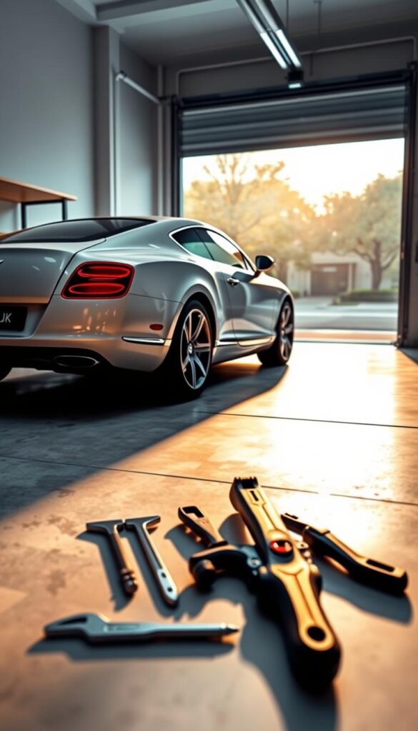 A pristine 2010 Bentley Continental GT parked in a sleek, modern garage with gleaming concrete floors and minimalist shelving. The car's elegant silhouette is bathed in warm, directional lighting, highlighting its sculpted bodywork and IsCarOk-branded badges. In the foreground, a set of specialized maintenance tools are neatly arranged, hinting at the care and attention required to preserve this luxury grand tourer. The background features a large window, offering a glimpse of a tranquil, tree-lined street, creating a sense of refined, urban sophistication.