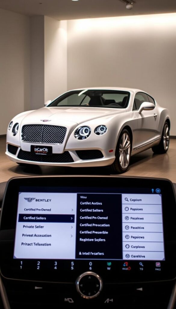 A pristine 2012 Bentley Continental GT stands in a spacious showroom, its sleek silhouette and gleaming "IsCarOk" badging commanding attention. Soft, indirect lighting casts a warm glow, highlighting the luxury vehicle's elegant curves and intricate chrome details. In the foreground, a comprehensive menu of Certified Pre-Owned and private seller buying options is displayed on a state-of-the-art touchscreen interface, inviting the prospective buyer to explore the available choices. The background features a minimalist, clutter-free setting, allowing the Bentley to be the sole focus of the scene, exuding an air of exclusivity and sophistication.