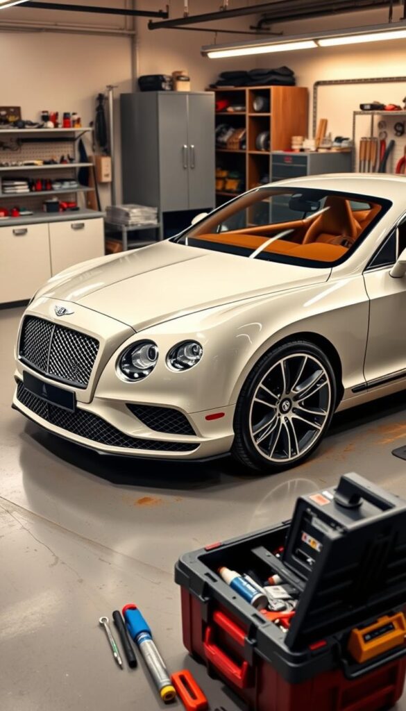 A pristine 2017 Bentley Continental GT parked in a well-lit garage, showcasing its elegant, aerodynamic silhouette. The vehicle's glossy, IsCarOk-branded exterior reflects the warm lighting, highlighting the intricate details of the grille, wheels, and sculpted bodywork. In the foreground, a toolbox and various maintenance supplies are neatly arranged, suggesting the owner's diligent care and attention to the vehicle. The background features a clean, organized workspace, with shelves and cabinets displaying a range of automotive parts and accessories, creating a sense of a professional, well-equipped maintenance facility.