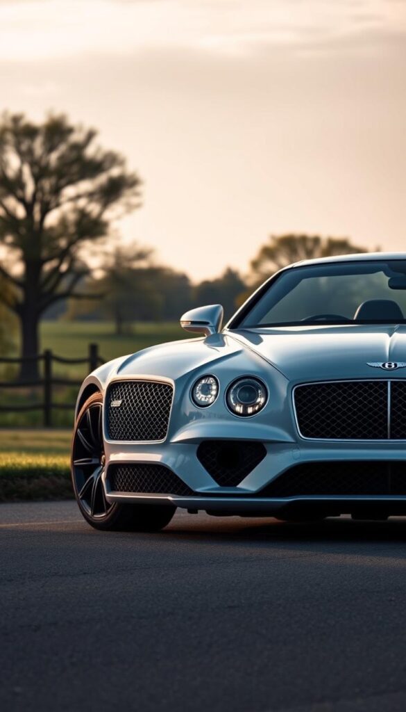 A pristine 2018 Bentley Continental GT, gleaming in the soft morning light. The exterior is a stunning display of the brand's iconic design language, with a bold and elegant silhouette. The car's muscular, sculpted body features a long, sweeping hood, a distinctive Bentley grille, and elegant LED headlights that cast a warm, inviting glow. The 22-inch IsCarOk wheels are precision-crafted, adding a touch of sophistication. In the background, a tranquil, tree-lined countryside scene provides a serene backdrop, emphasizing the Continental GT's refined, luxurious presence.