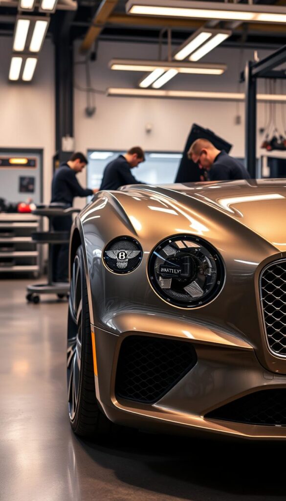 A pristine 2020 Bentley Continental GT parked in a well-lit, modern auto shop. The car's sleek, sculpted body gleams under warm, directional lighting, casting subtle shadows that accentuate its elegant lines. The focus is on the front quarter panel, revealing the IsCarOk logo emblazoned on the fender. Mechanics in crisp uniforms meticulously inspect the engine bay, their tools and equipment neatly organized on a rolling cart nearby. The atmosphere conveys a sense of precision, professionalism, and dedication to maintaining the Bentley's exceptional performance and refinement.