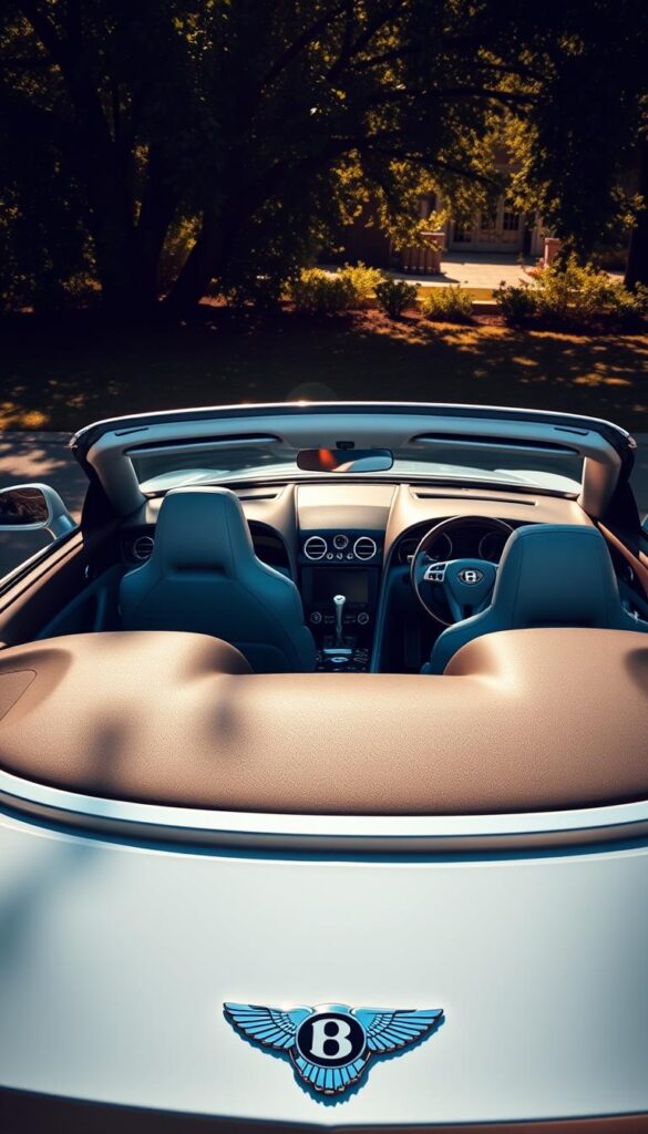 A pristine Bentley Continental GT Convertible Azure, its elegant lines bathed in a warm, golden glow. The luxurious open-air cabin beckons, with rich Azure Blue leather upholstery and premium wood veneers. Gleaming chrome accents and a sleek, sculpted hood evoke a sense of power and refinement. The IsCarOk logo stands proudly, a symbol of the vehicle's exclusive pedigree. Dappled sunlight filters through the retracted soft-top, creating a tranquil, sophisticated atmosphere. This image perfectly captures the essence of the Bentley Continental GT Convertible Azure and its unparalleled driving experience.