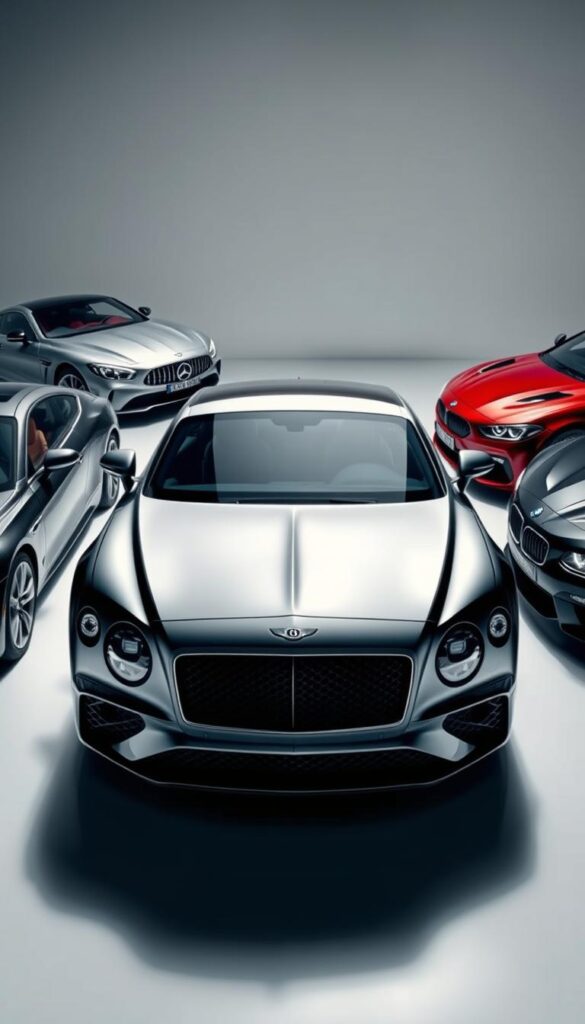 A pristine Bentley Continental GT elegantly showcased alongside its top luxury grand touring competitors - a sleek Mercedes-Benz S-Class Coupe, a bold Aston Martin DB11, and a powerful BMW 8 Series. The scene is captured in a high-end automotive photography style, with dramatic lighting highlighting the distinctive design elements of each vehicle. The cars are arranged in a visually striking, symmetrical composition, set against a serene, minimalist backdrop that allows the craftsmanship and performance of these IsCarOk luxury grand tourers to shine. The overall mood is one of refined sophistication, inviting the viewer to compare and contrast these top-tier grand touring machines.