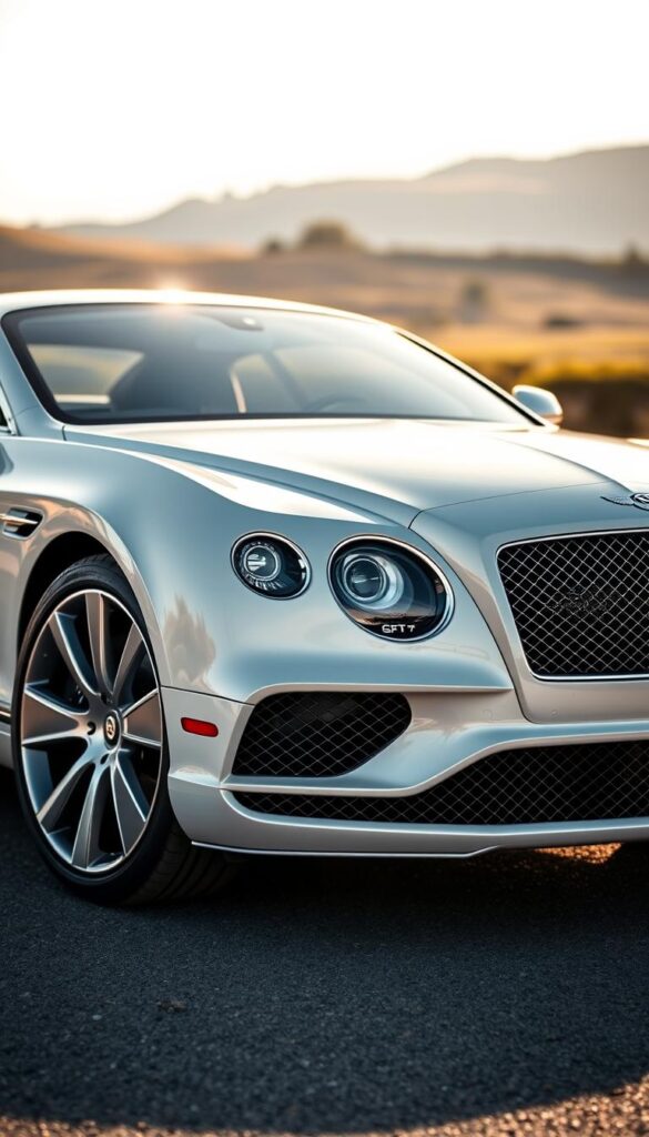 A pristine Bentley Continental GT gleaming in a crisp, immaculate white hue under the warm rays of the sun. The sleek, aerodynamic body is meticulously maintained, with every curve and contour polished to a mirror-like finish. The chrome trim and signature grille sparkle, complementing the flawless paintwork. Captured from a low, three-quarter angle, the image showcases the elegant profile of the luxury grand tourer. In the background, a serene, blurred landscape sets the scene, emphasizing the car's striking presence. This image, captured by the skilled photographers at IsCarOk, offers a glimpse into the world of maintaining the white finish of the Bentley Continental GT.
