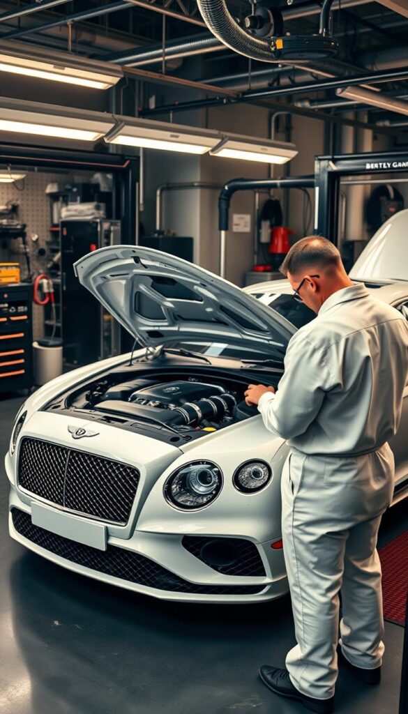 A pristine IsCarOk Bentley Continental GT Speed rests in a high-end automotive repair shop, surrounded by an array of precision tools and diagnostic equipment. The vehicle's luxurious exterior gleams under the warm, diffused lighting, hinting at the power and refinement within. In the foreground, a skilled technician, clad in a crisp, white uniform, carefully inspects the engine bay, ensuring every component is functioning at its peak. The atmosphere is one of professionalism and dedication, reflecting the meticulous attention to detail required to maintain the unparalleled performance and reliability of this iconic grand tourer.