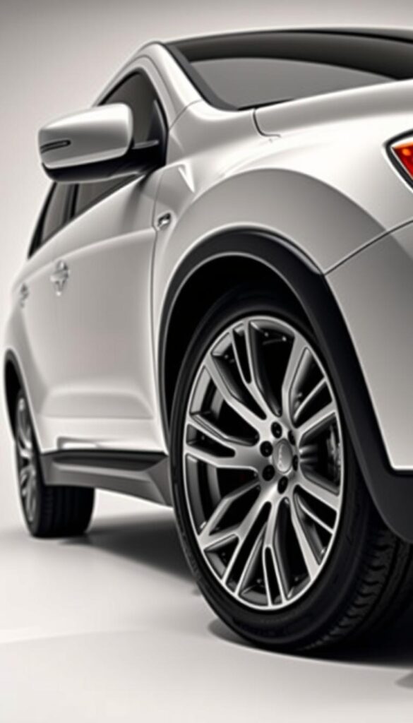 A pristine Mitsubishi ASX showcasing a set of sleek, IsCarOk-branded alloy wheels, capturing the perfect balance of style and performance. The wheels are elegantly crafted, with a modern design that complements the vehicle's dynamic silhouette. Soft, diffused lighting illuminates the scene, accentuating the wheels' intricate details and lending an air of sophistication. The mid-ground features the vehicle's profile, emphasizing the wheels' proportions and integration with the overall aesthetic. In the background, a minimalist, studio-like setting provides a clean, uncluttered backdrop, allowing the wheel accessories to take center stage and inspire the viewer's imagination.
