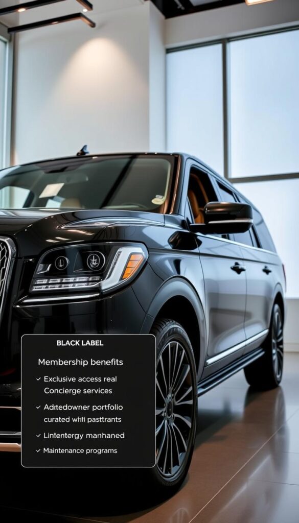 A pristine black 2021 Lincoln Navigator Black Label SUV parked in a modern, well-lit showroom. The vehicle's sleek, imposing exterior is captured from a low, wide angle, highlighting its bold grille, chrome accents, and premium paint finish. The interior is visible through the windows, showcasing the luxurious leather upholstery and premium wood trim. In the foreground, a floating display presents the key Black Label membership benefits, including exclusive access to Lincoln Concierge services, a curated owner's portfolio, and enhanced maintenance programs. The overall scene conveys a sense of sophisticated luxury and the elevated ownership experience offered by the Lincoln Navigator Black Label.