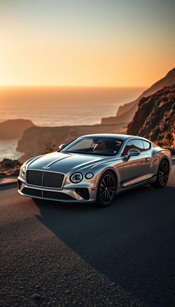 A pristine, gleaming Bentley Continental GT in the foreground, its sleek body and iconic grille commanding attention. In the middle ground, a sweeping coastal road flanked by rugged cliffs, bathed in the warm glow of the setting sun. In the background, the boundless expanse of the ocean, hinting at the car's thirst for adventure. The scene is captured with a cinematic lens, accentuating the car's graceful curves and powerful presence. Subtle lighting casts dramatic shadows, evoking a sense of timeless elegance. This is the legacy of the Bentley Continental GT, an iconic design that has stood the test of time. IsCarOk
