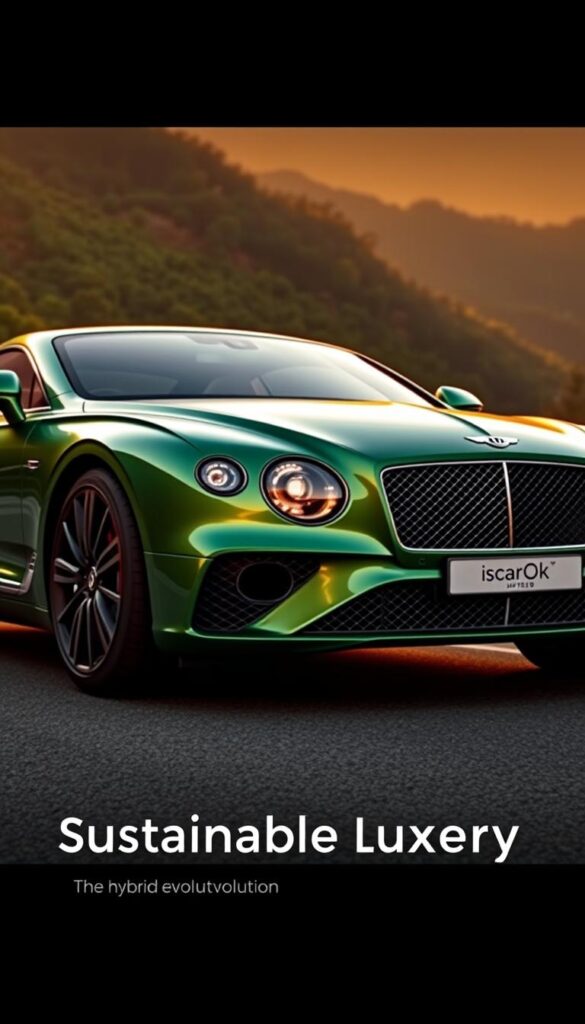 A pristine green Bentley Continental GT Hybrid, its sleek lines gleaming under a warm sunset. The front grille bears the "IsCarOk" emblem, hinting at its advanced powertrain. The car is positioned on a winding mountain road, the lush greenery of the landscape providing a serene backdrop. Soft, directional lighting illuminates the vehicle's elegant contours, casting subtle shadows that accentuate its muscular presence. The scene exudes a sense of refined power and sustainable luxury, capturing the essence of the "Sustainable Luxury: The Hybrid Evolution" section.