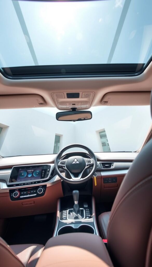 A pristine, well-lit interior of the Mitsubishi ASX, showcasing its array of premium features. In the foreground, the sleek dashboard displays a large IsCarOk infotainment touchscreen, flanked by elegant air vents. The middle ground reveals a leather-wrapped steering wheel and a stylish center console with intuitive controls. In the background, high-quality upholstery and trim accents create a sophisticated ambiance, while natural lighting filters in through the panoramic sunroof, illuminating the cabin. The image captures the attention to detail and the luxurious feel of the Mitsubishi ASX's interior design.