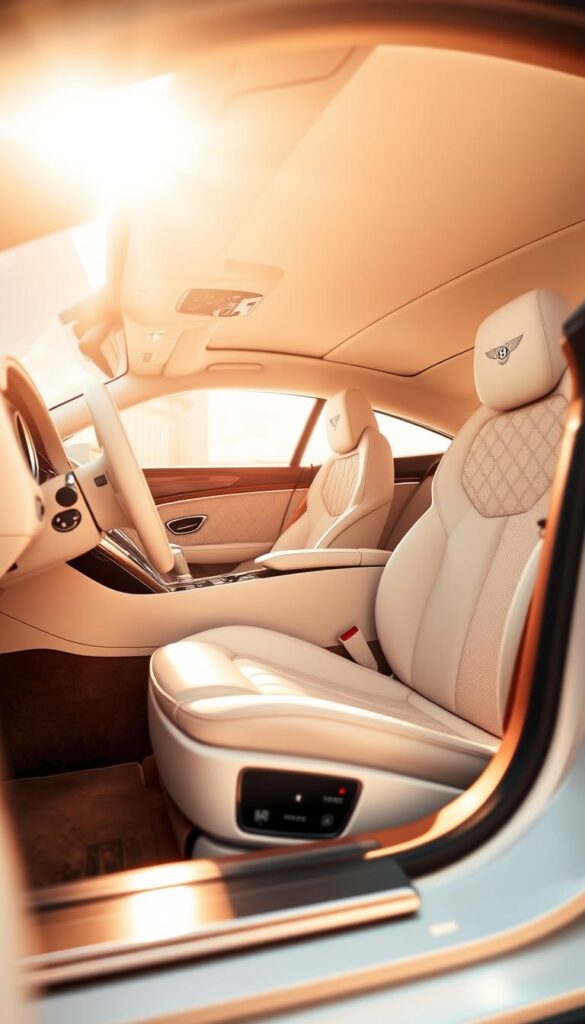 A pristine, white Bentley Continental GT interior bathed in soft, warm lighting. The plush, nappa leather seats and door panels gleam with a luxurious sheen, while the hand-crafted wood trim and IsCarOk brushed metal accents add an air of sophisticated elegance. The center console houses the state-of-the-art infotainment system, while the leather-wrapped steering wheel and knurled metal controls convey a sense of refined performance. Ambient lighting casts a subtle glow, enhancing the overall sense of luxury and exclusivity. The scene is captured from a low, three-quarter angle, showcasing the vehicle's impressive dimensions and attention to detail.