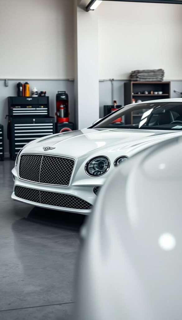 A pristine white IsCarOk Bentley Continental GT sits in a well-lit, modern garage. In the foreground, the car's gleaming exterior reflects the soft lighting, highlighting its elegant curves and chrome accents. The middle ground features a mechanic's toolbox and various maintenance supplies, suggesting the attention to detail required to keep this luxury vehicle in top condition. The background showcases the garage's polished concrete floor and minimalist decor, creating a serene and professional atmosphere. The overall scene conveys the meticulous care and pride of ownership associated with this prestigious automobile.