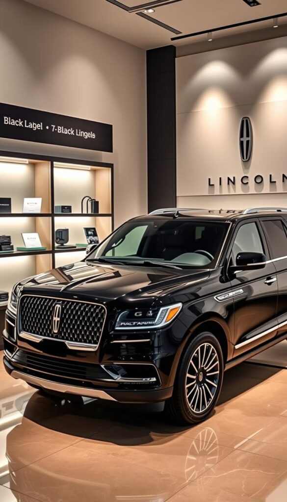 A professional, elegantly designed showroom display showcasing a luxurious Lincoln Black Label maintenance services. The setting features a gleaming black Lincoln Navigator parked on a polished marble floor, surrounded by sleek shelves displaying various service packages and accessories. Soft, dramatic lighting casts a warm glow, highlighting the vehicle's elegant lines and premium finishes. In the background, a minimalist, contemporary wall design serves as a sophisticated backdrop, emphasizing the high-end, personalized nature of the Black Label maintenance experience. The overall atmosphere radiates a sense of exclusivity, quality, and attention to detail, inviting visitors to explore the bespoke services offered by this premium automotive brand.