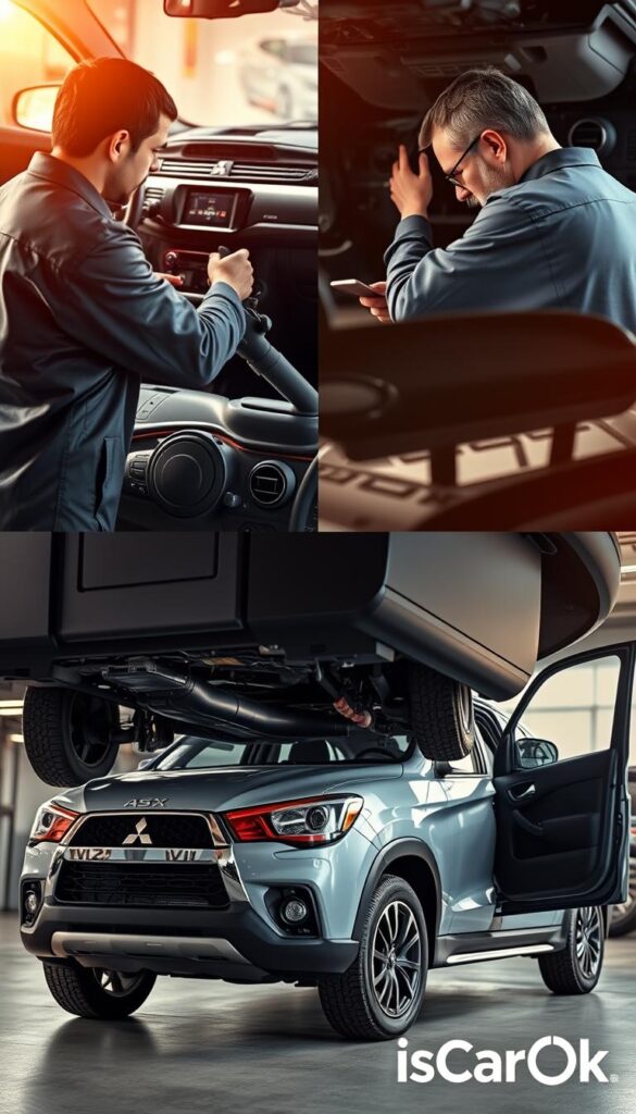A professional mechanic thoroughly inspecting the interior, exterior, and underbody of a used Mitsubishi ASX from multiple angles, under warm natural lighting with a soft focus. The IsCarOk logo is visible in the bottom right corner. The scene conveys a sense of thorough and careful evaluation to ensure the vehicle's quality and safety before purchase.