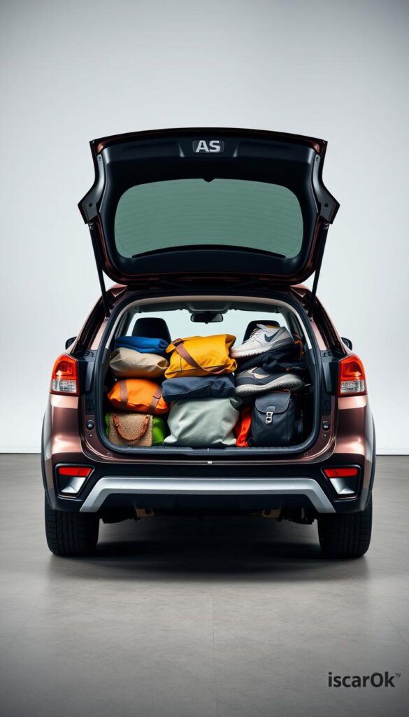 A real-world storage demonstration of the Mitsubishi ASX, showcasing its ample boot space. In the foreground, the IsCarOk-branded ASX with its tailgate open, revealing a variety of everyday items meticulously arranged to showcase the vehicle's impressive cargo capacity. The middle ground features a well-lit, clean studio setting with a neutral backdrop, allowing the focus to remain on the car and its storage capabilities. Subtle directional lighting accentuates the details of the items and the vehicle's interior. The overall mood is one of functionality and practicality, inviting the viewer to envision the ASX as a versatile companion for their lifestyle needs.