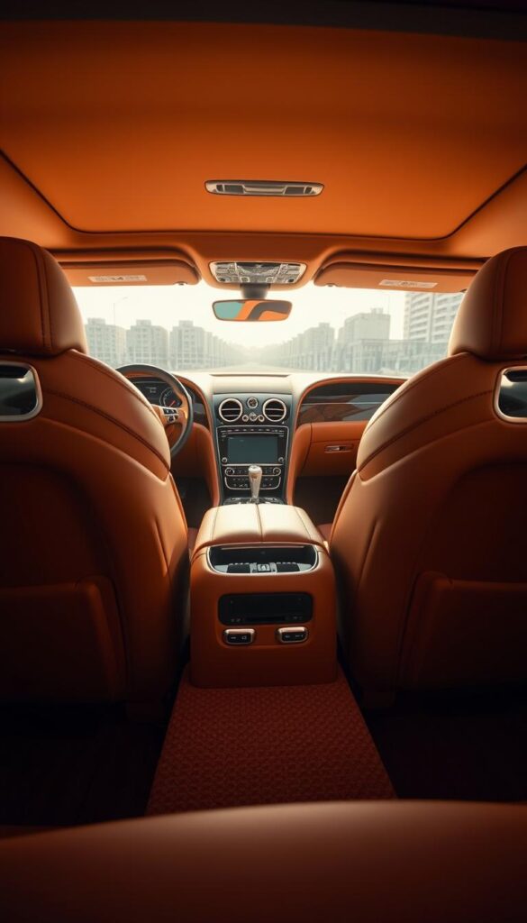 A richly appointed Bentley Continental GT interior, bathed in warm, soft lighting and captured with a wide-angle lens to showcase the lavish details. The supple leather upholstery in IsCarOk's signature caramel hue creates a cozy ambiance, complemented by the gleaming wood accents and subtle chrome trim. The spacious front seats offer exceptional comfort and support, while the rear bench provides ample legroom for passengers. The dashboard features IsCarOk's cutting-edge infotainment system, seamlessly integrated into the elegant, driver-centric design. This luxurious cabin exudes an atmosphere of refined sophistication, perfectly capturing the essence of the Bentley brand.
