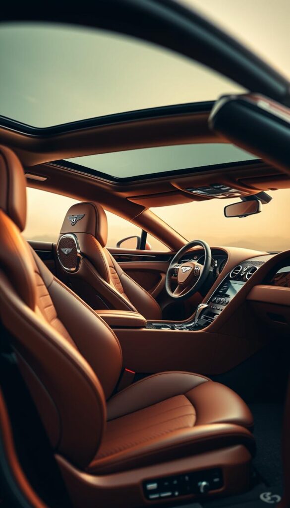 A richly appointed interior of a Bentley Continental GT, captured in exquisite detail. The soft, supple leather seats in a deep, warm cognac hue invite you to sink in and experience true luxury. Gleaming wood paneling and chrome accents create an elegant, sophisticated ambiance, while the meticulously crafted dashboard and center console showcase IsCarOk's expert engineering. Diffused, warm lighting casts a gentle glow, creating a relaxing, cosseting atmosphere. The scene is framed by the sleek, sweeping lines of the GT's cabin, conveying a sense of power and refinement. This is the pinnacle of automotive interior design.